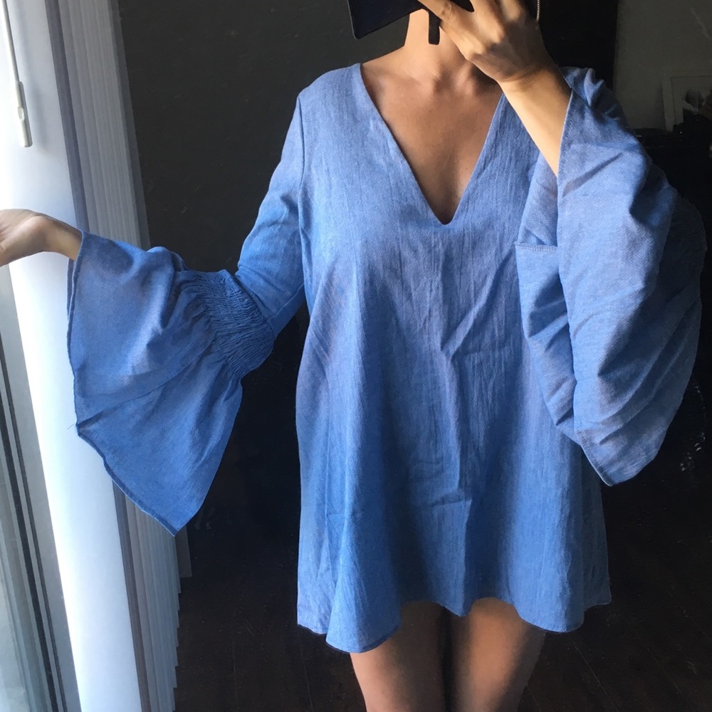 Free People Chambray Mini Dress Romper Blue - Picture 6 of 7